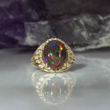 3.3Ct Natural Black Opal Ring with Diamond Accents in Solid 14K Gold – 13x10.5mm Oval Dark Opal Statement Ring