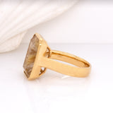 Isla Golden Rutilated Quartz Ring in Solid 18K Yellow Gold | Emerald cut 17x11mm | Solitaire Ring | Statement Ring
