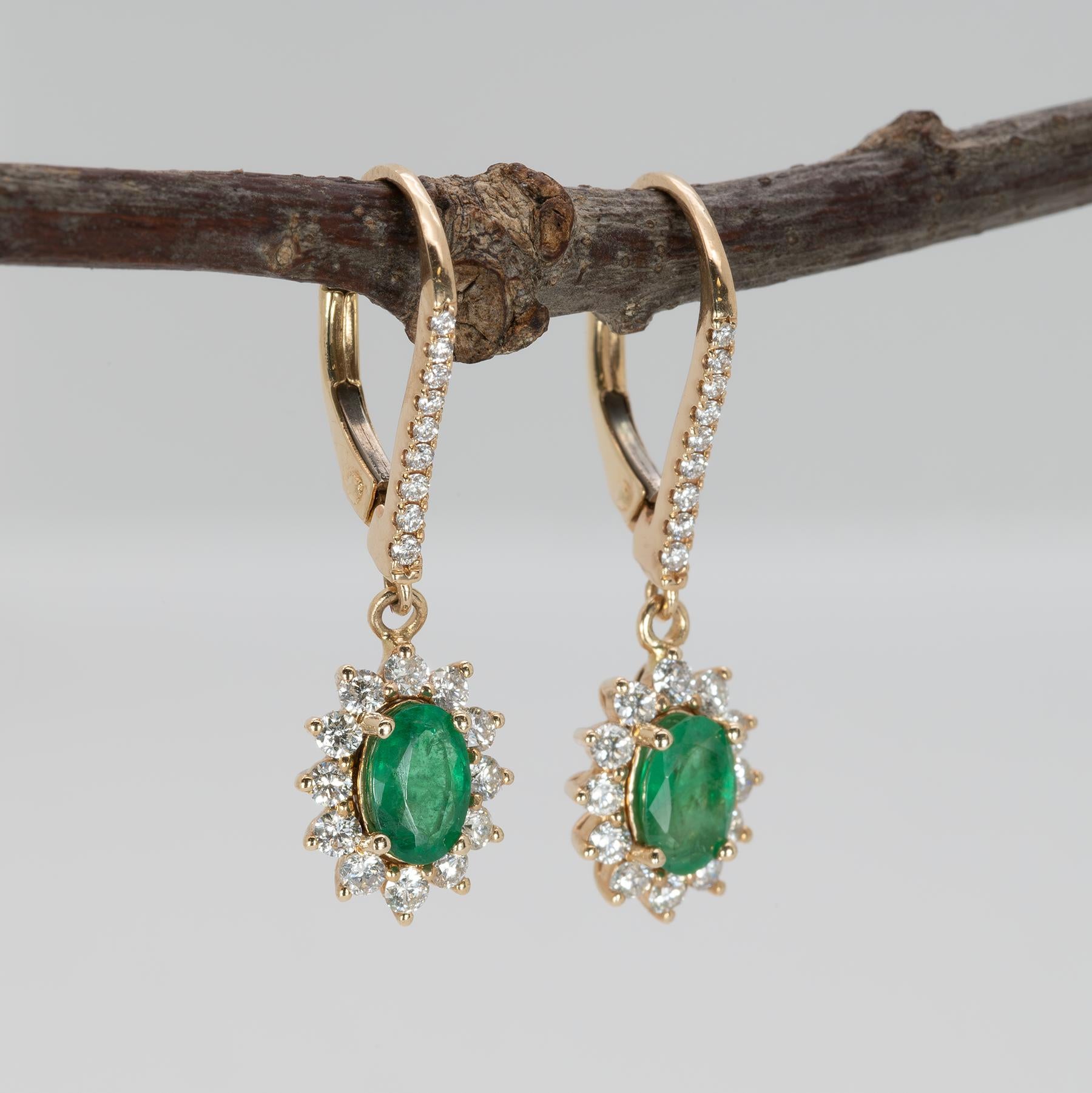 Zambian Emerald Dangle Earrings in 14K Yellow Gold | Diamond Halo | Oval Cut | 6x4mm | May Birthstone