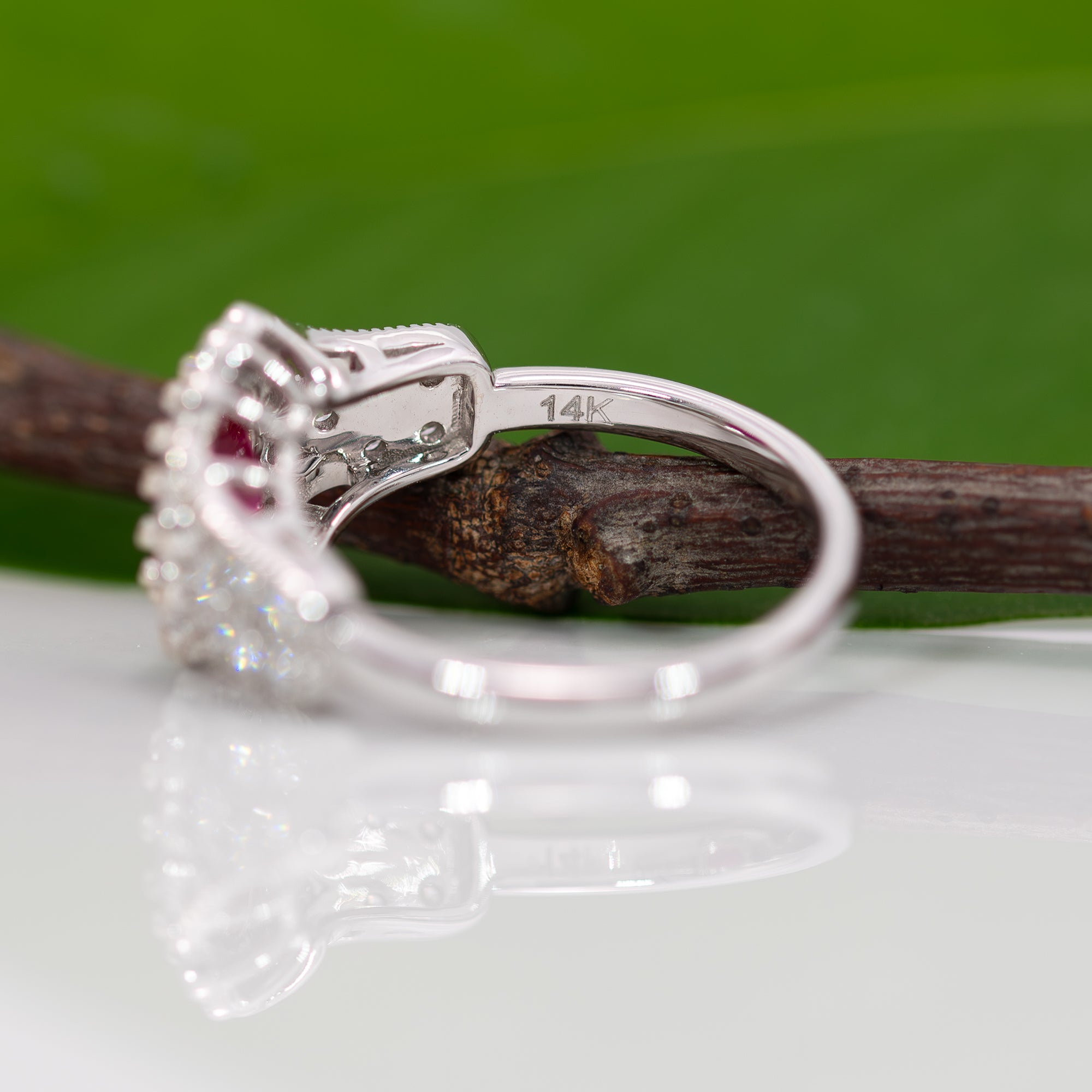 14K white gold Burma ruby ring with diamond accents