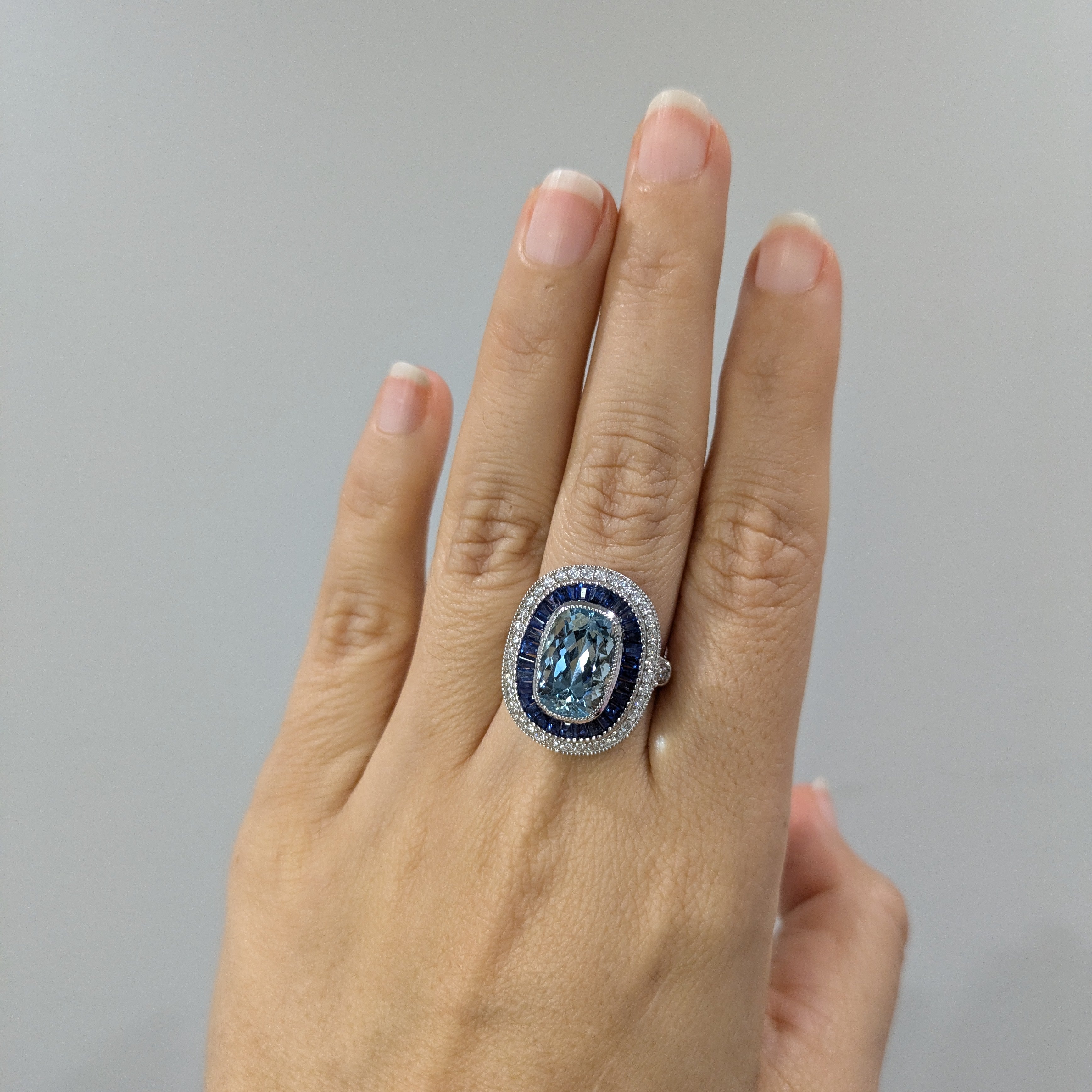 Prashasti 14K Solid White Gold Aquamarine and Natural Diamond Ring | 13x9mm