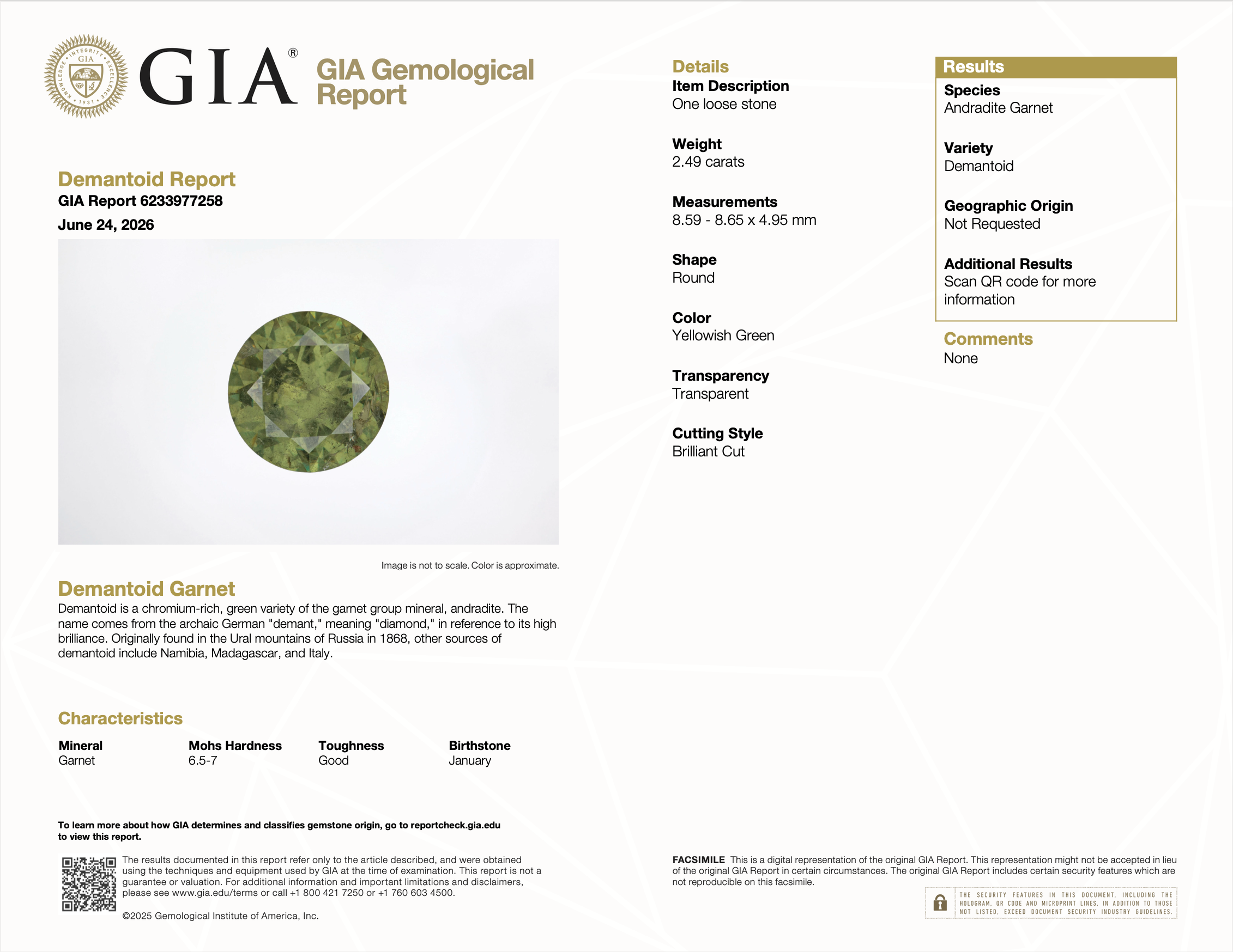 GIA report 6233977258 for 2.49 carat natural untreated demantoid garnet