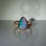 Maria Solid 14k Gold Boulder Opal Ring with Natural Diamond Accents, 13.4x3.6mm