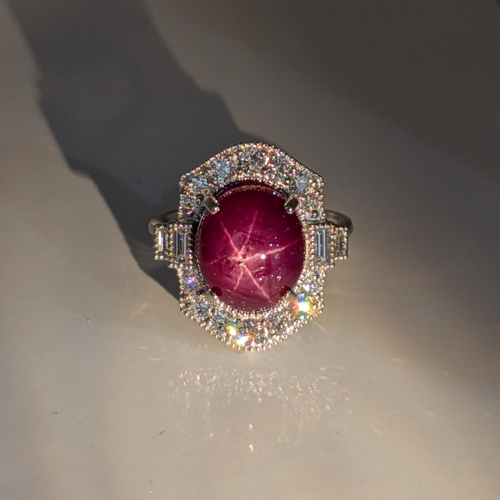 8ct Star Ruby Ring w Diamond Accents and Milgrain details in 14K Gold | OV 12x10