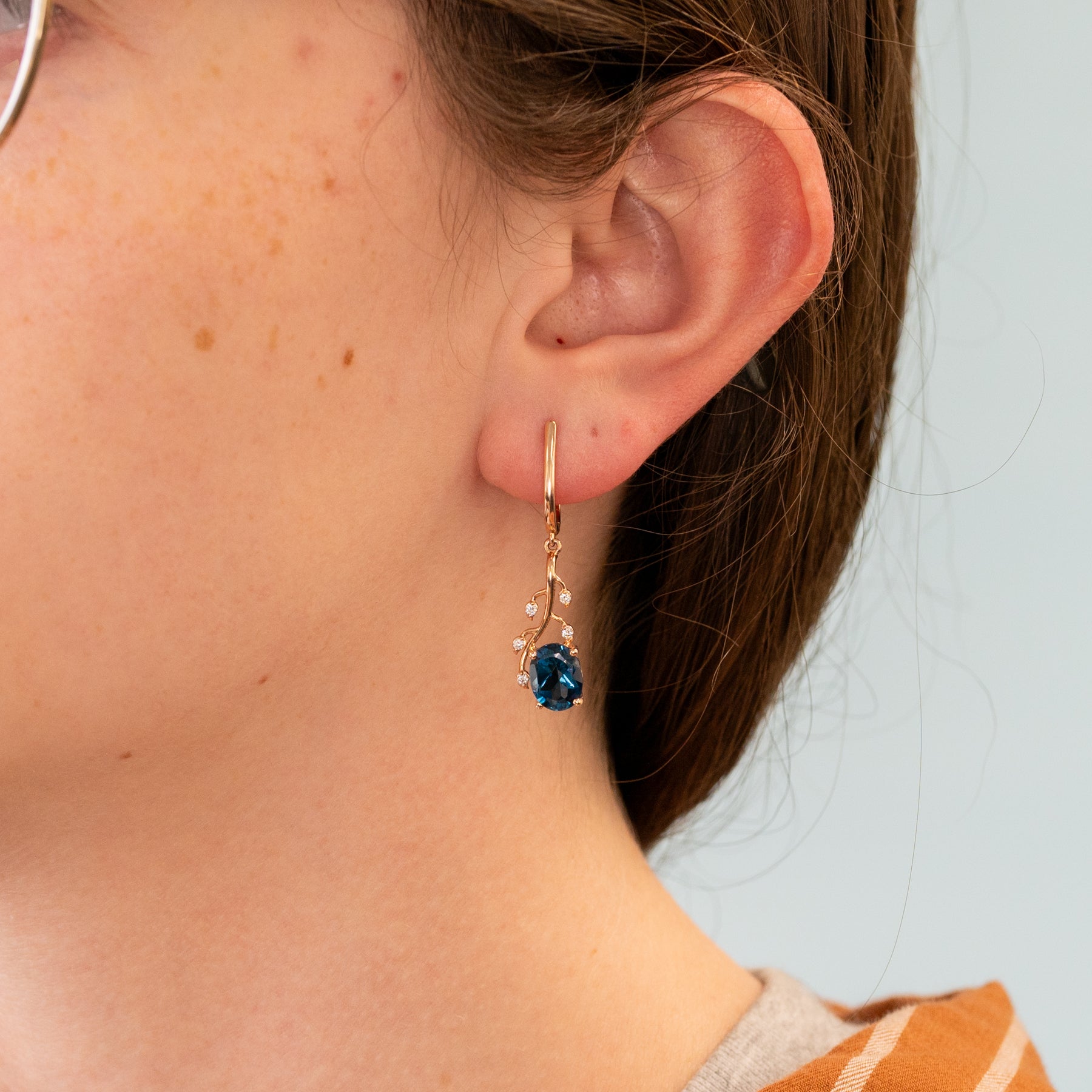 14K rose gold London blue topaz oval earrings with diamond accents