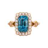 Isola 14K Yellow Gold Cambodian Blue Zircon and Diamond Ring | EM 10x5.5mm