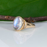 14K yellow gold rainbow moonstone cabochon ring with diamonds
