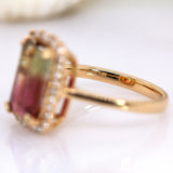 Josie 14K Yellow Gold Bi-Color Tourmaline and Diamond Halo Ring | Emerald Cut 12x8mm