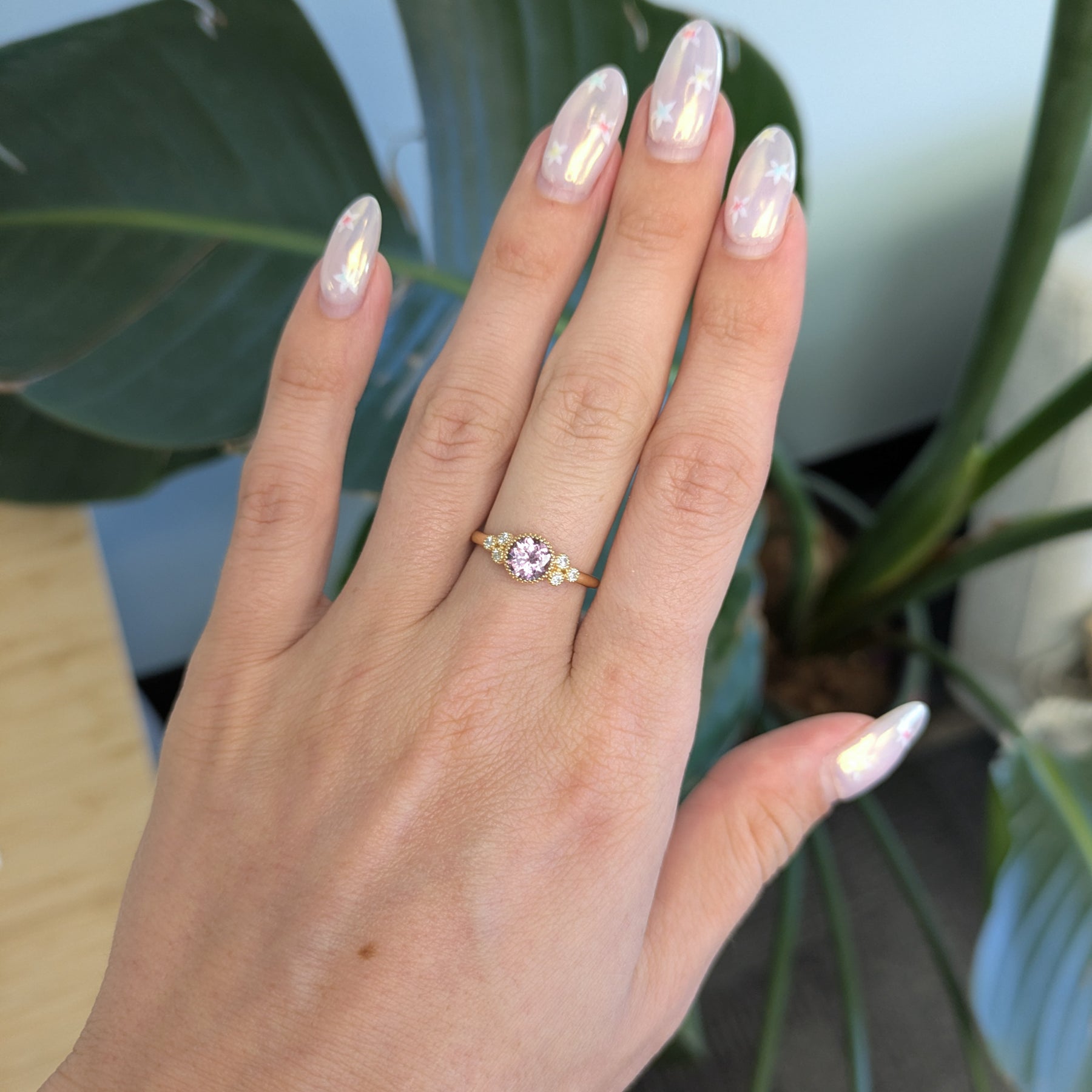 14K yellow gold purple spinel round ring with diamond accents
