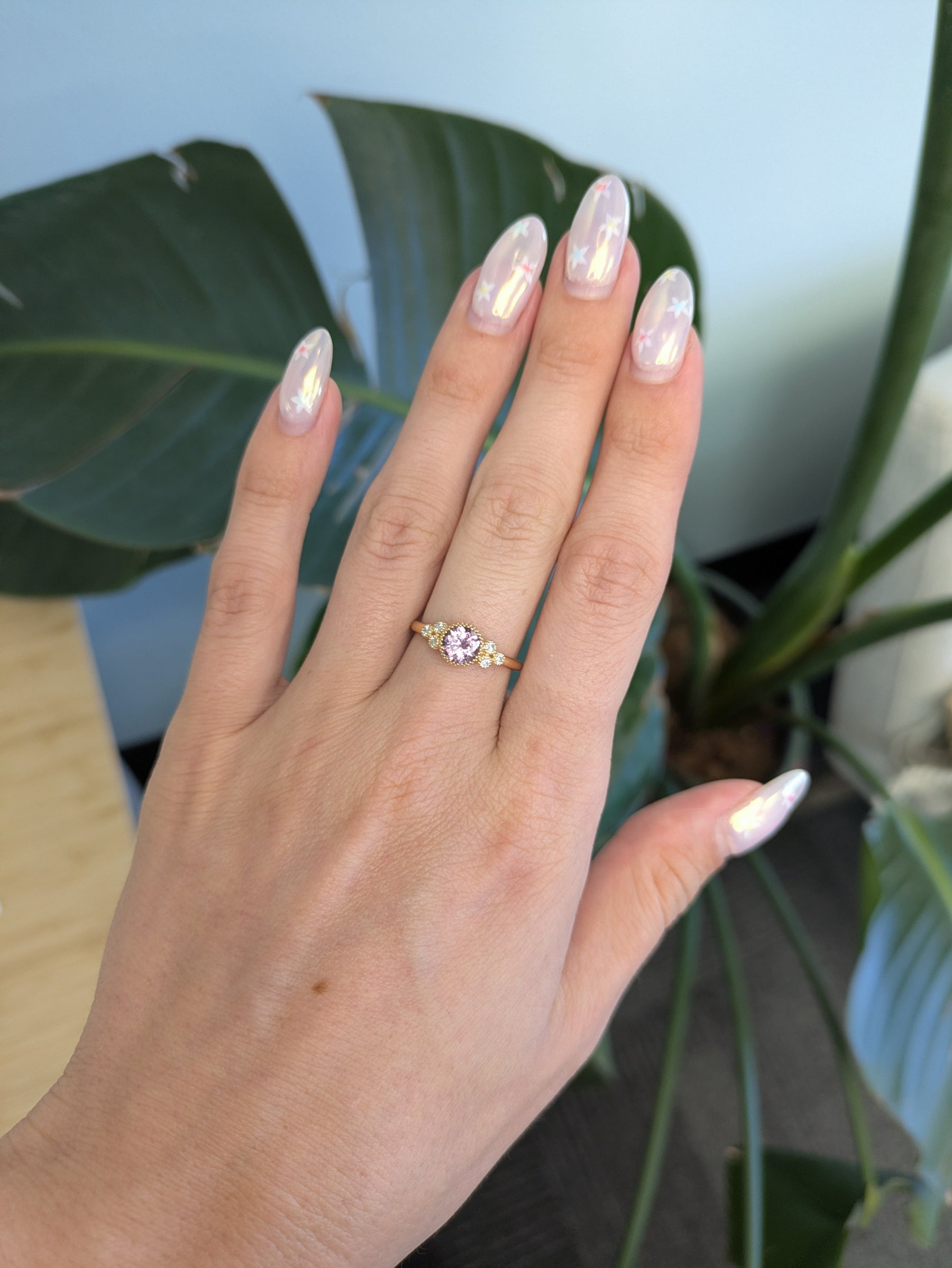 14K yellow gold purple spinel round ring with diamond accents