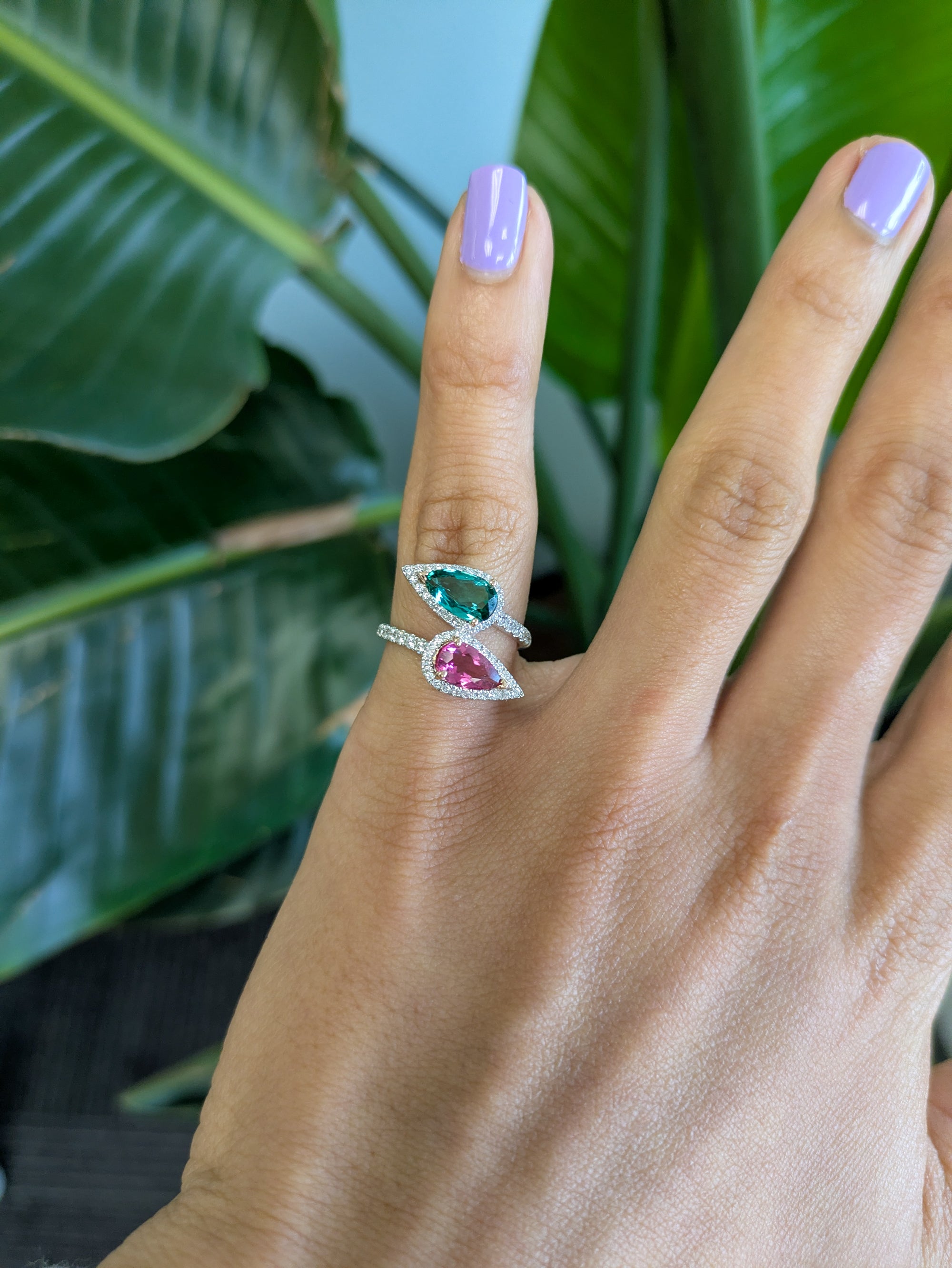 14K white & rose gold pink & indicolite tourmaline ring
