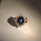 3.6ct Star Sapphire Ring w Natural Diamond Accents in Solid 14K Gold | OV 9x8mm