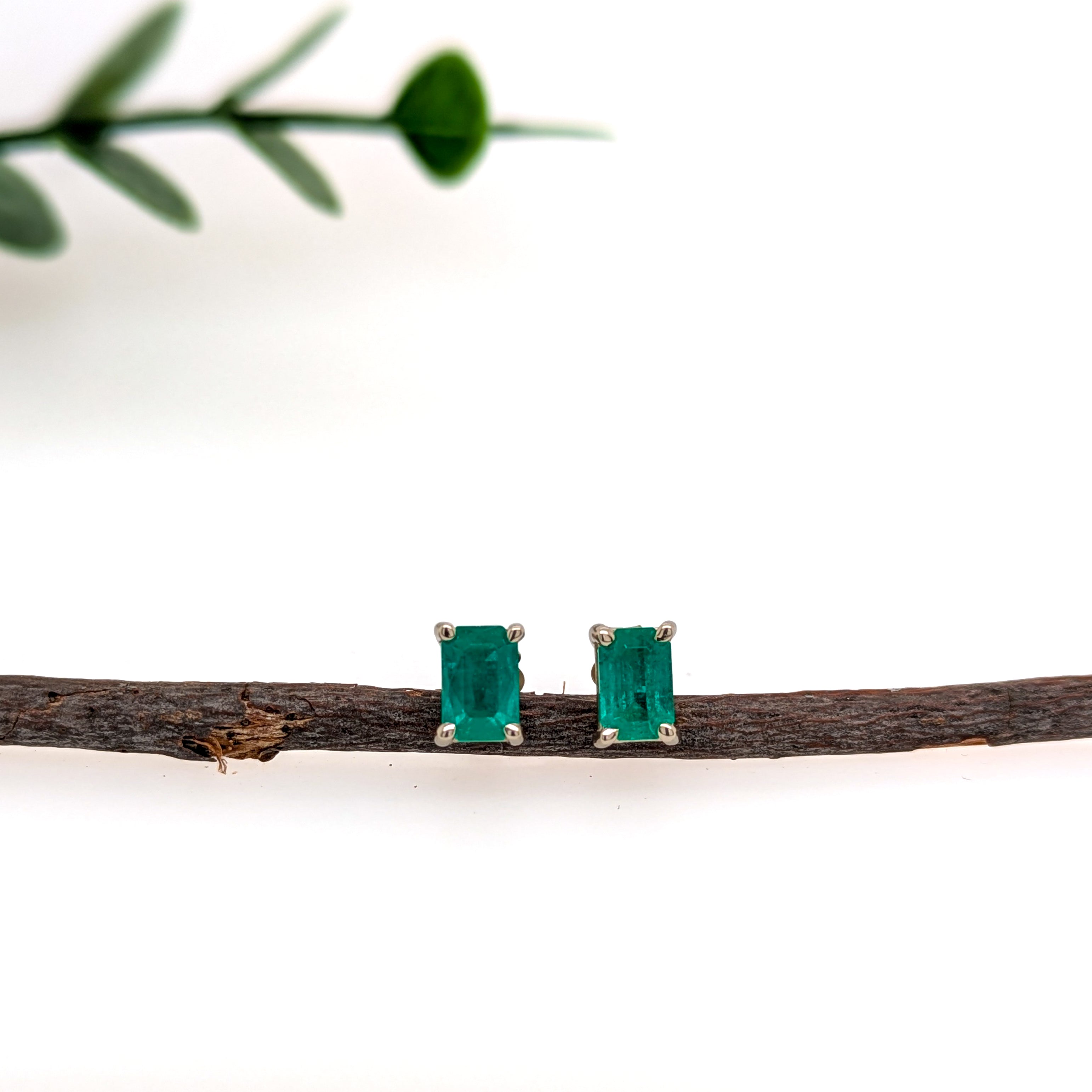 Jenny 14K White Gold 1.05cts Zambian Emerald Solitaire Stud Earrings | Emerald Cut 6x4mm