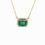 Ermine Solid 14k Gold Zambian Emerald Pendant with Natural Diamonds Halo, 8x6mm