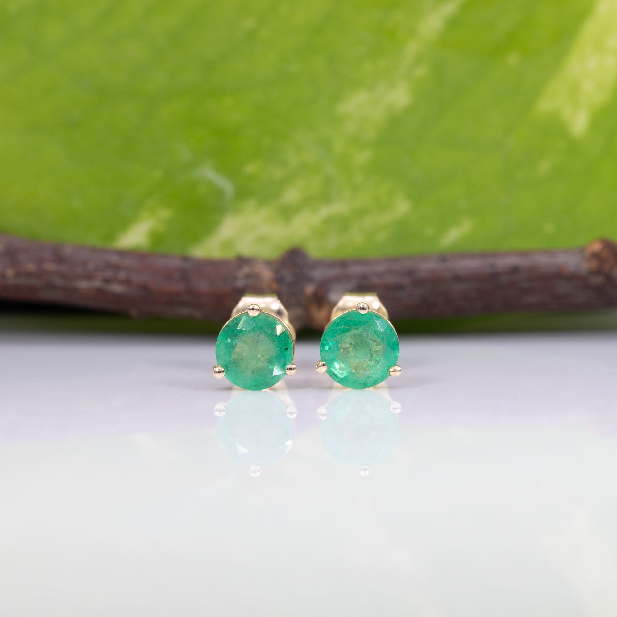 14K yellow gold Zambian emerald round stud earrings