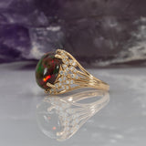 3.3Ct Natural Black Opal Ring with Diamond Accents in Solid 14K Gold – 13x10.5mm Oval Dark Opal Statement Ring