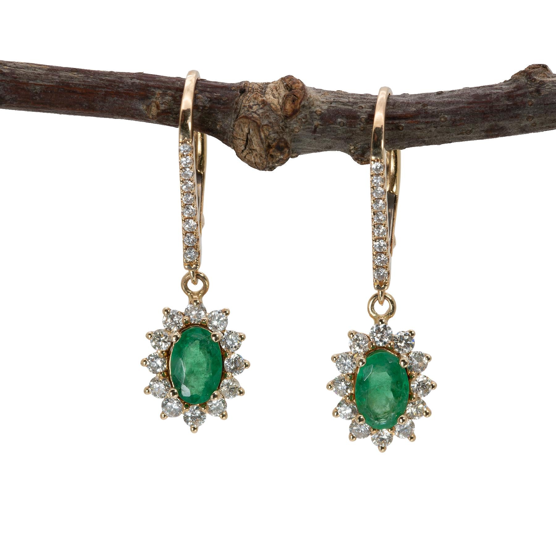 Zambian Emerald Dangle Earrings in 14K Yellow Gold | Diamond Halo | Oval Cut | 6x4mm | May Birthstone