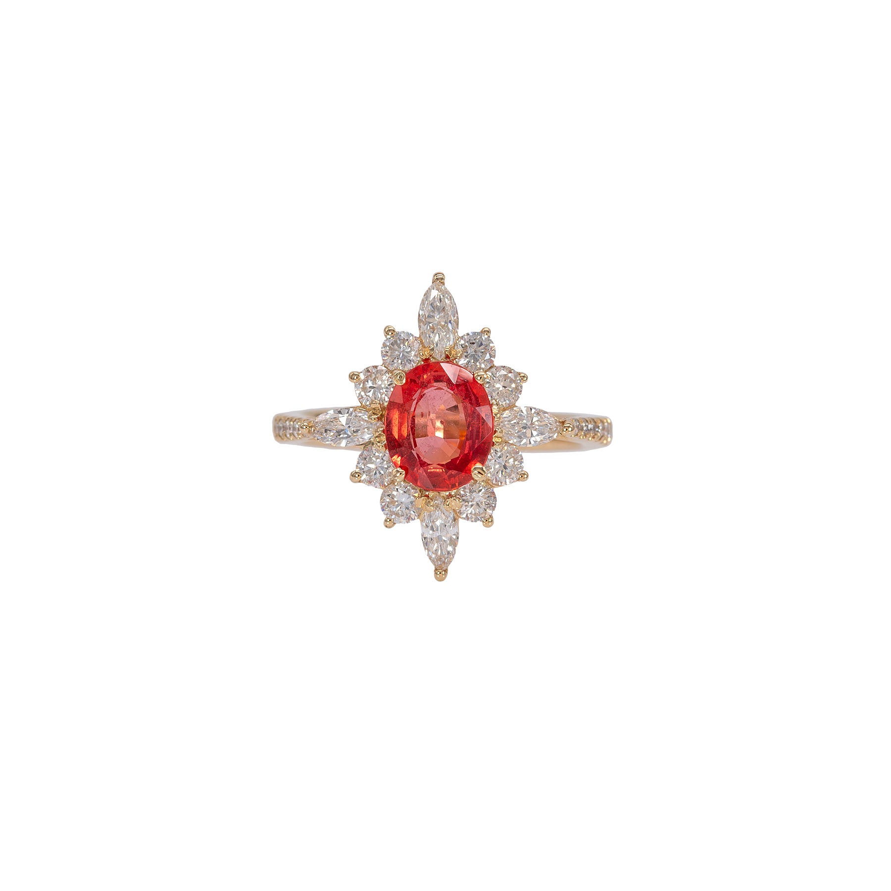 14K yellow gold padparadscha sapphire ring with diamond accents