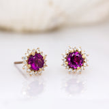 Ashtine 14K Yellow Gold Rhodolite Garnet and Diamond Halo Stud Earrings | Round 5mm