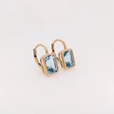 Solitaire Swiss Blue Topaz Drop Earrings in 14k Solid Gold | Emerald Cut | Customizable
