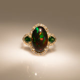 3.8Ct Ethiopian Black Opal Ring with Earth Mined Diamonds & Tsavorite Accents in Solid 14K Gold – Oval Black Opal Fine Jewelry Ring