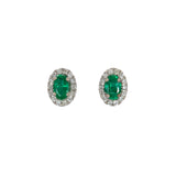 14K white gold emerald oval stud earrings with diamond halo