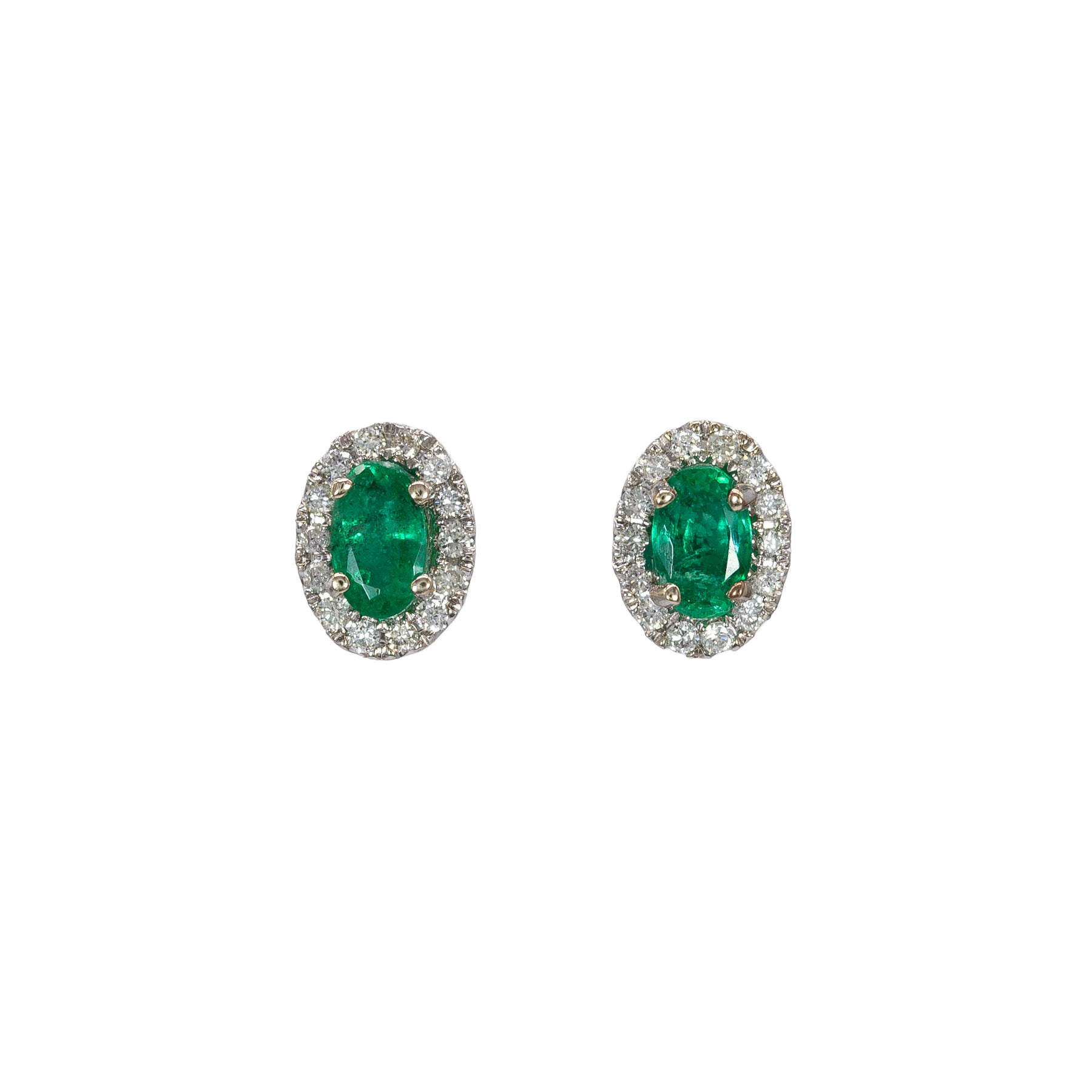 14K white gold emerald oval stud earrings with diamond halo