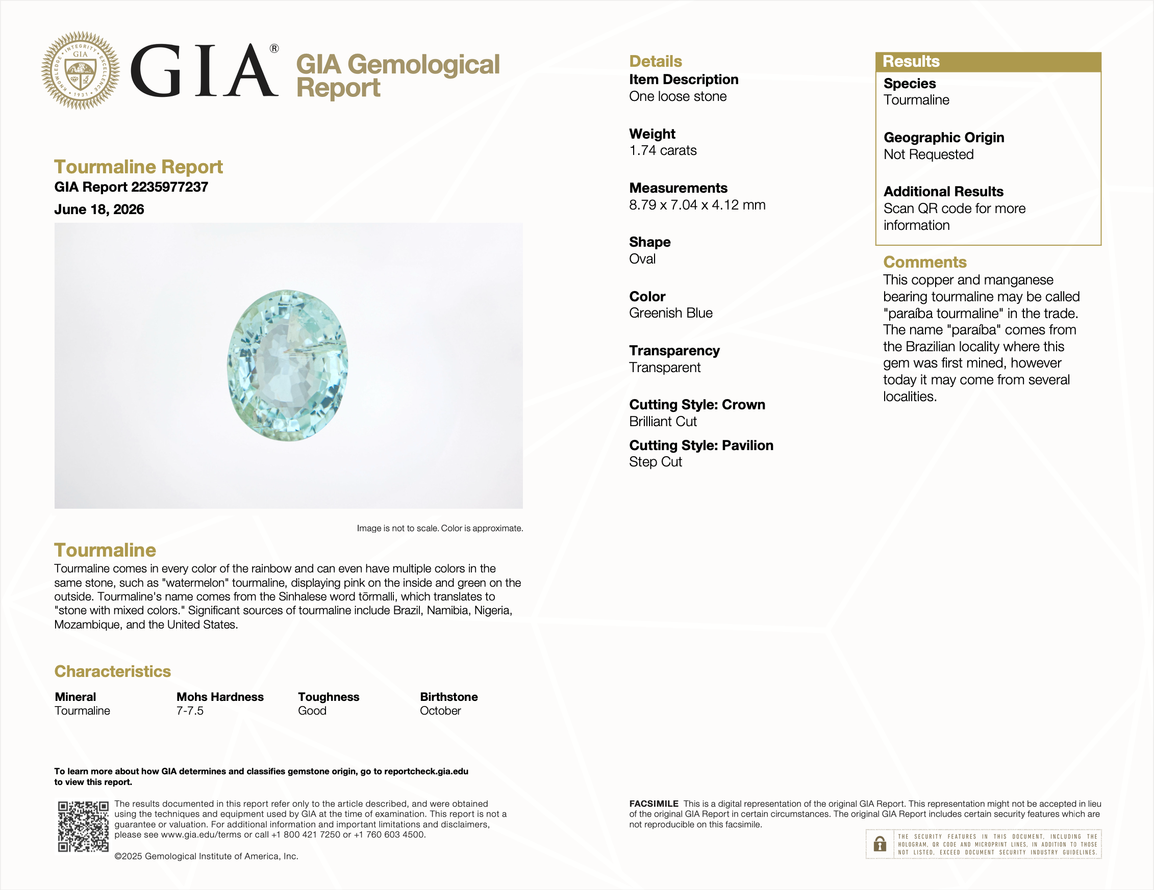 GIA report 2235977237 for 1.74 carat natural untreated Paraiba tourmaline