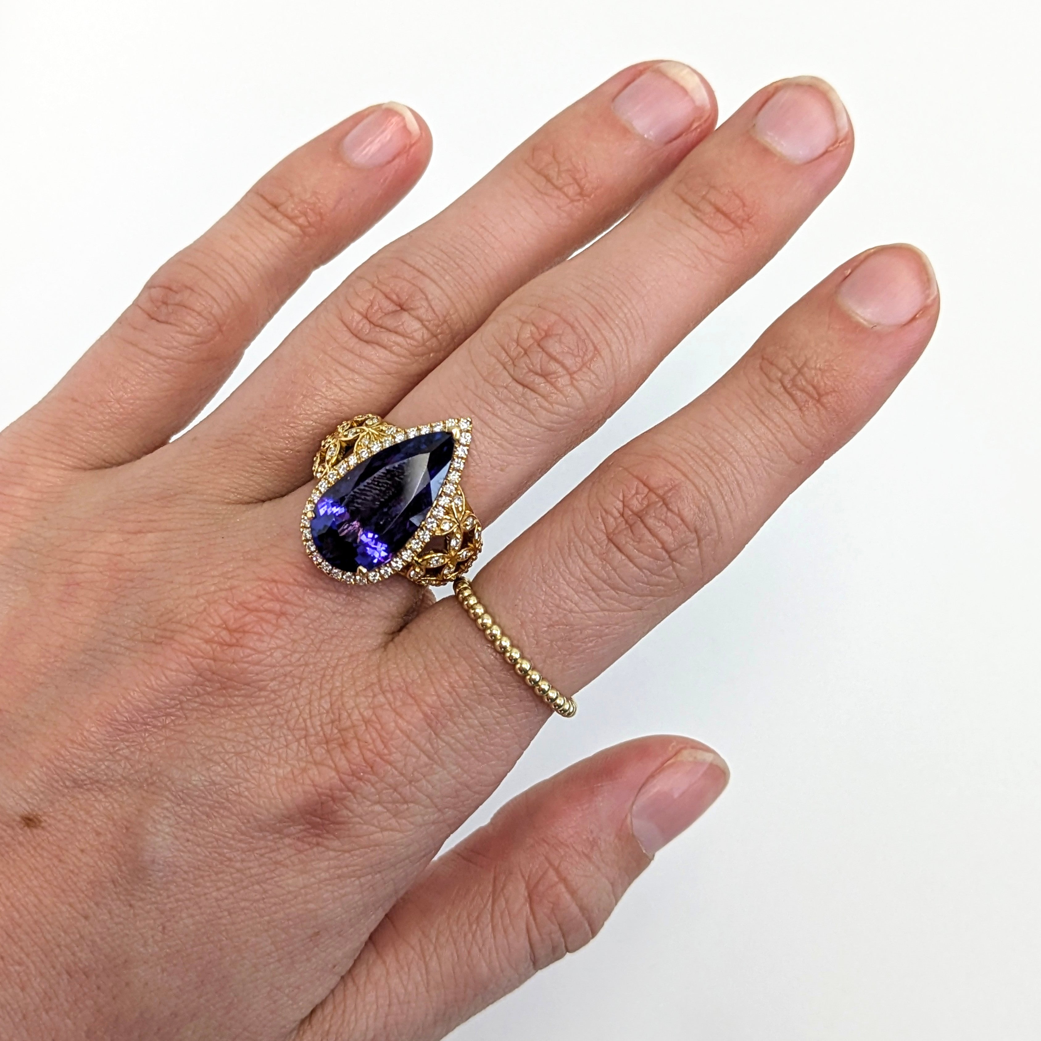 Previously Loved 18K Yellow Gold 9.7cts Tanzanite Diamond Ring | Pear Shape 20x11mm