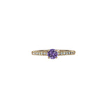 14K yellow gold purple sapphire round ring with diamond halo