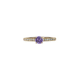 14K yellow gold purple sapphire round ring with diamond halo
