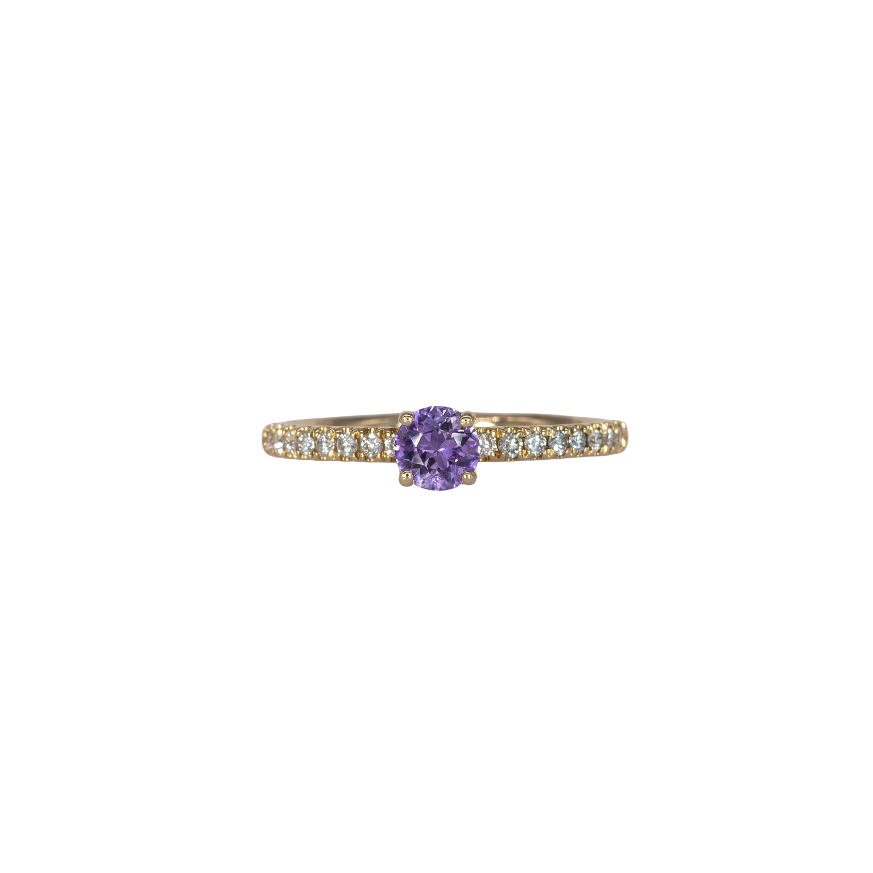 14K yellow gold purple sapphire round ring with diamond halo