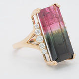 15.1Ct Bi-Color Tourmaline Ring with Earth Mined Diamond Accents: Solid 14K Gold