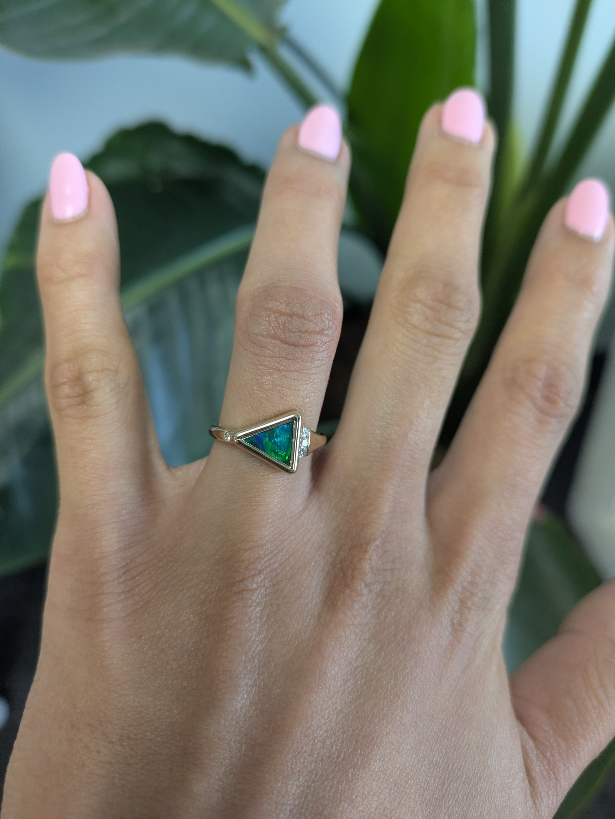 14K yellow gold boulder opal ring with diamond accents