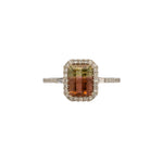 14K white gold bi-color tourmaline emerald-cut ring with diamond halo