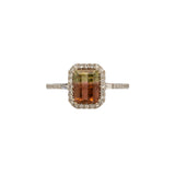 14K white gold bi-color tourmaline emerald-cut ring with diamond halo