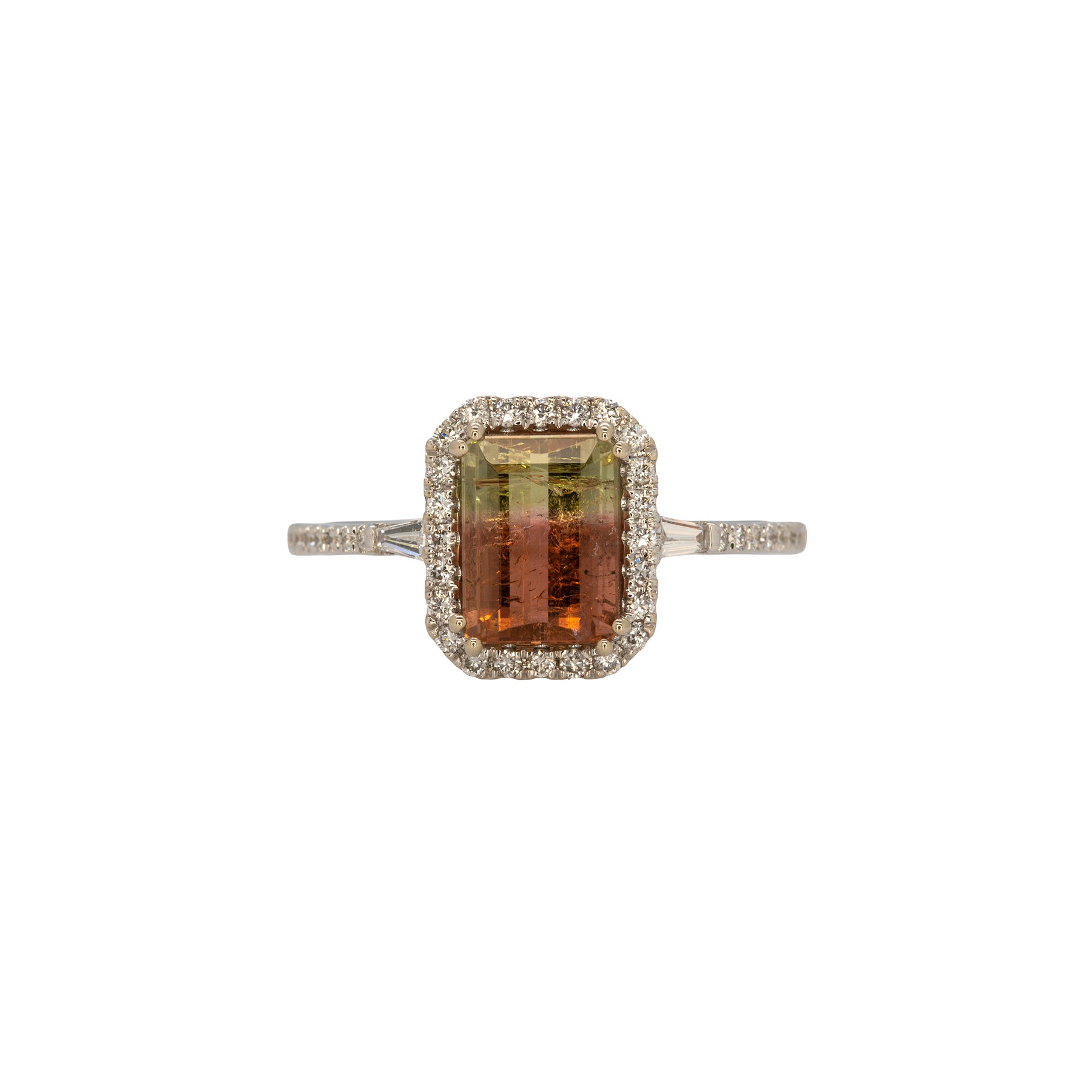 14K white gold bi-color tourmaline emerald-cut ring with diamond halo