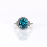 14K white gold Cambodian blue zircon cushion ring with diamond halo