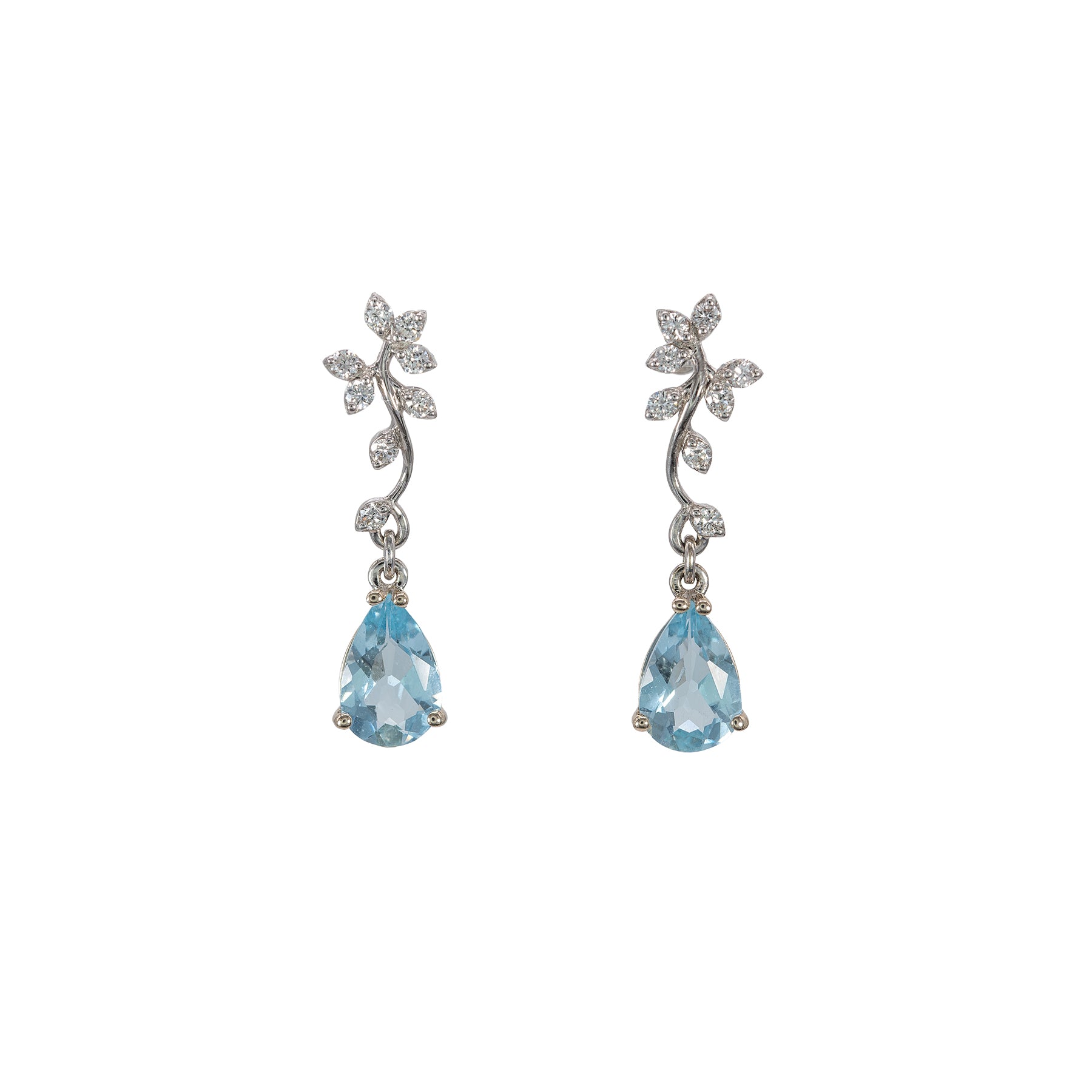 14K white gold aquamarine pear earrings with lab grown diamond accents
