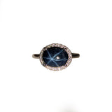 3.85ct Star Sapphire Ring w Natural Diamond Halo in  Solid 14K Gold | OV 10x8mm