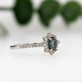 Natural Alexandrite Ring w Diamond Halo in Solid 14k White Gold | Oval 5x3.5mm | June Birthstone