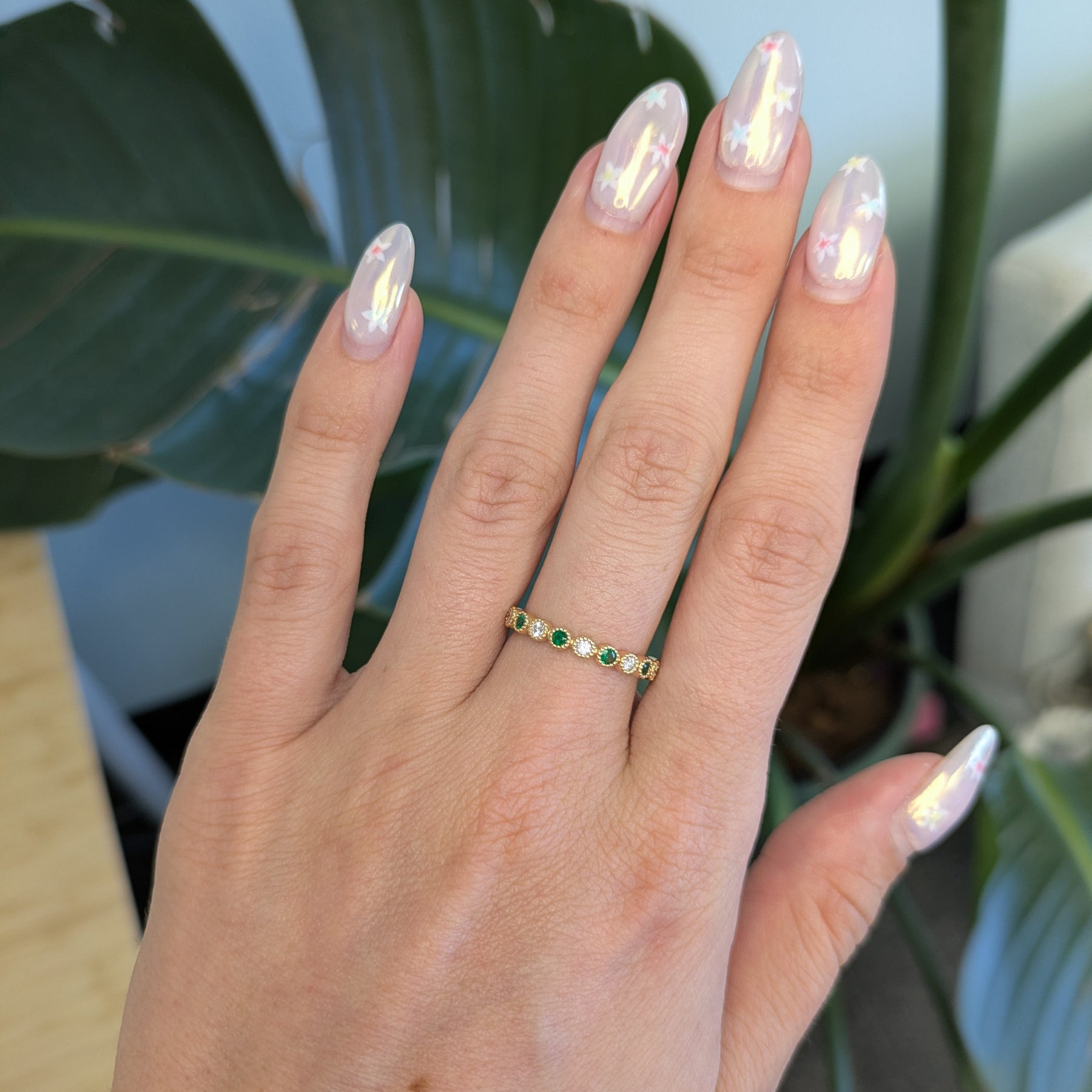 14K yellow gold Zambian emerald band ring with diamond accents