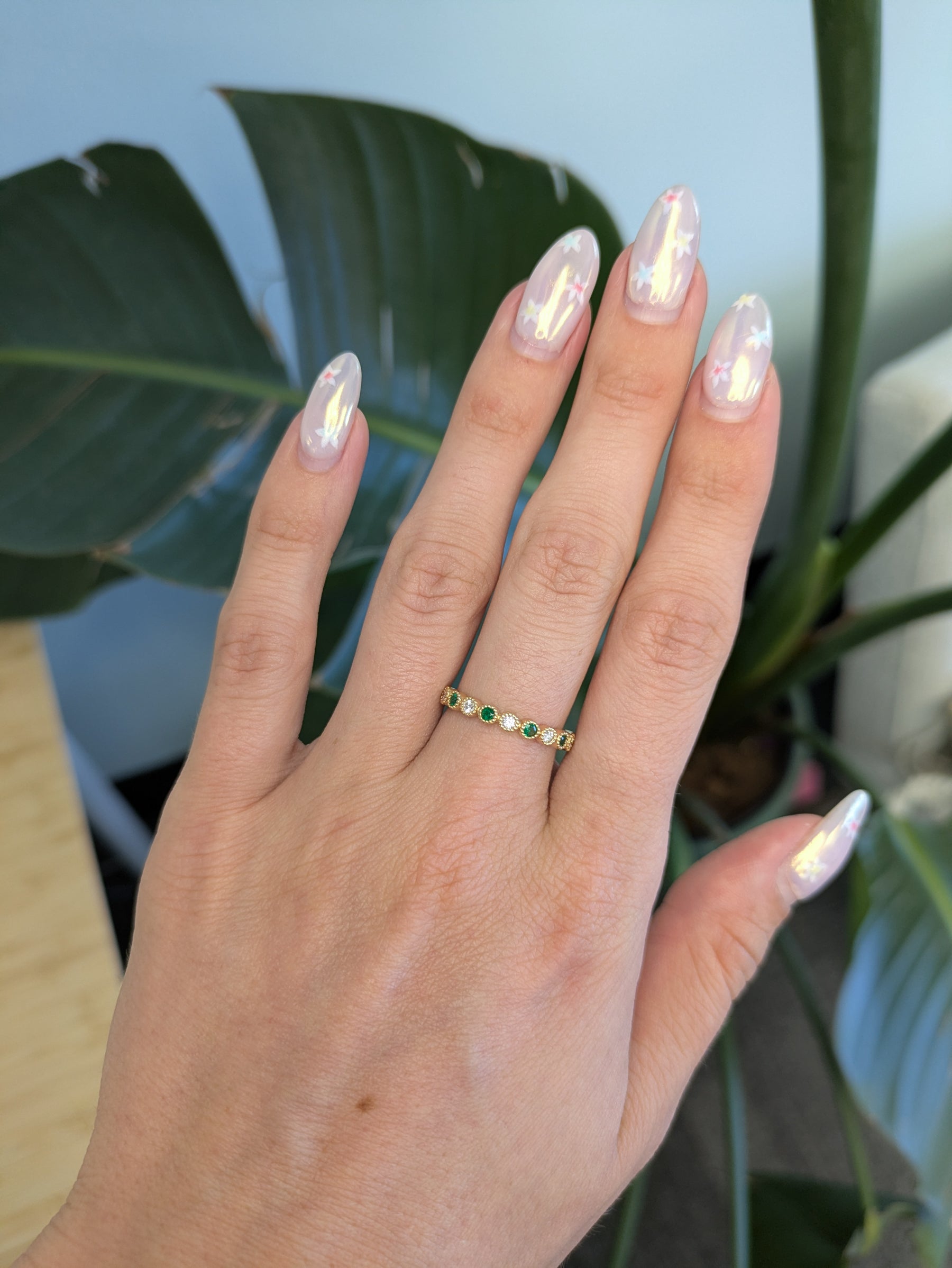 14K yellow gold Zambian emerald band ring with diamond accents