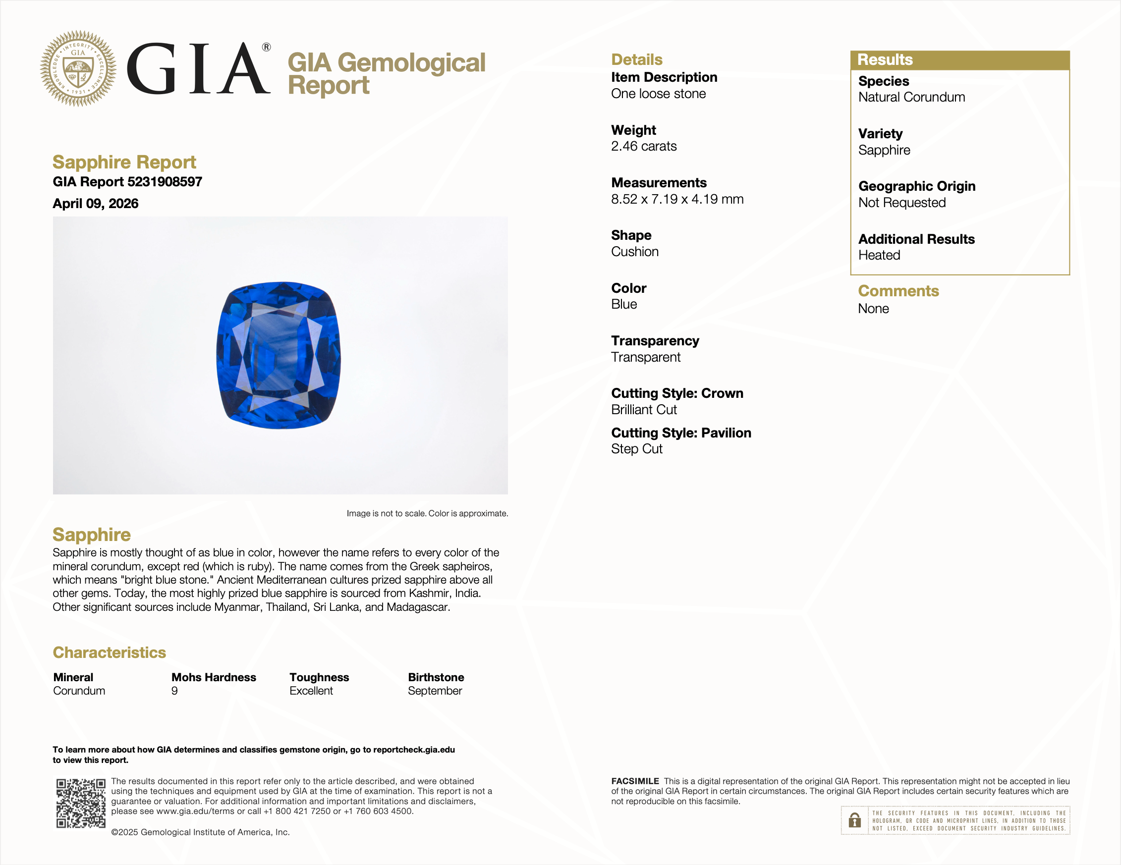 GIA certified natural ceylon sapphire cushion loose gemstone