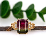 Yuti 14K Yellow Gold Watermelon Tourmaline Diamond Ring | Emerald Cut 12x9mm