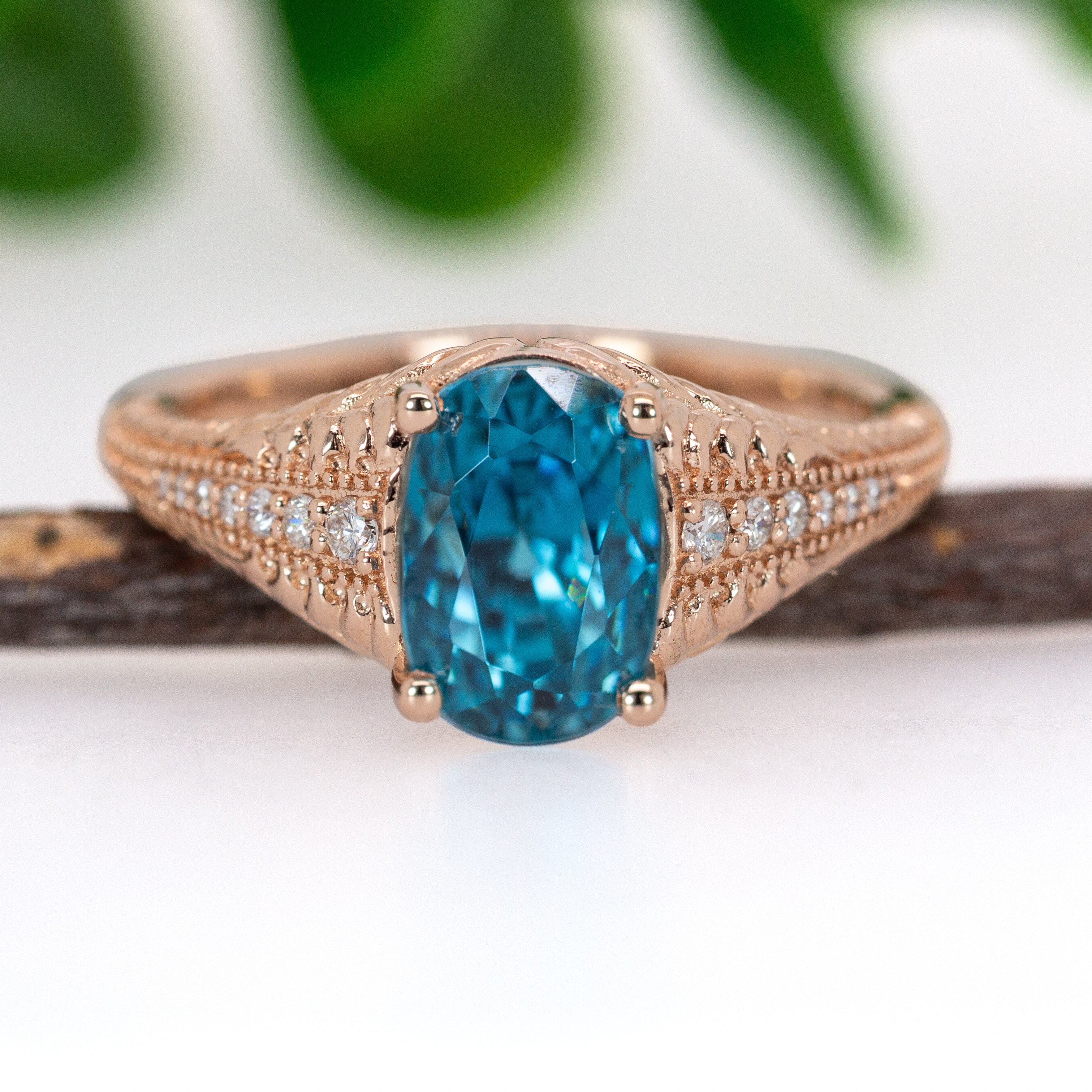 Indu 14K Rose Gold 4.73cts Blue Zircon Diamond Ring | Oval 9x7mm