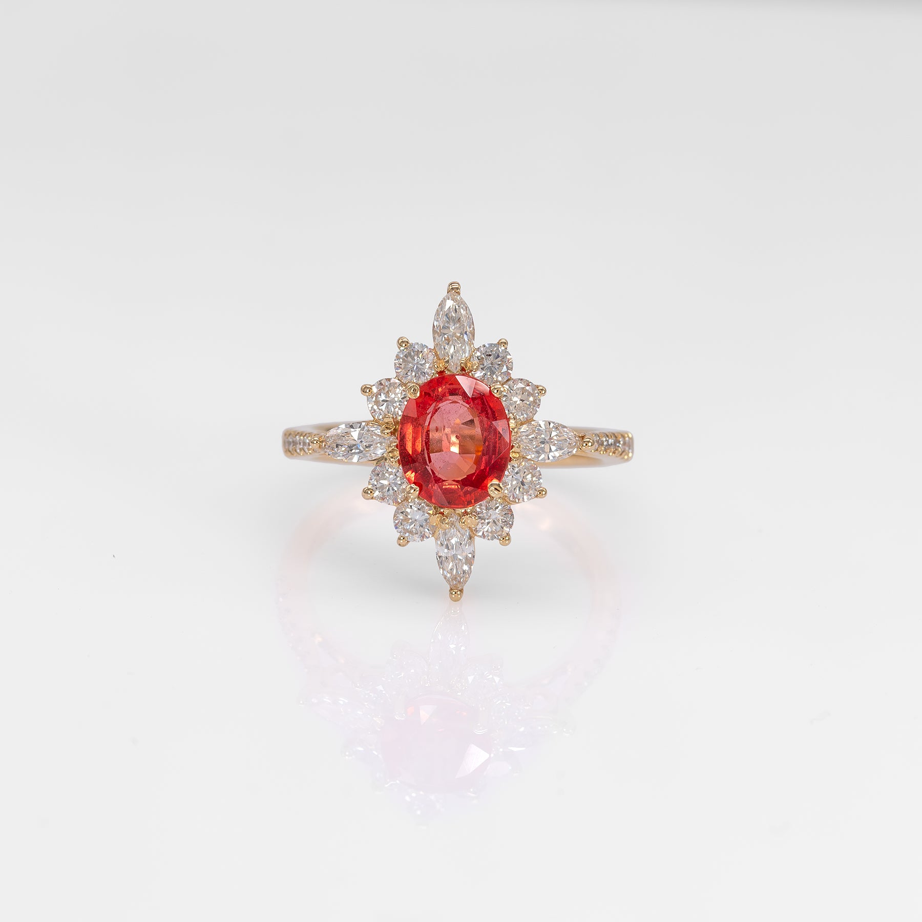 14K yellow gold padparadscha sapphire ring with diamond accents