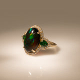 3.8Ct Ethiopian Black Opal Ring with Earth Mined Diamonds & Tsavorite Accents in Solid 14K Gold – Oval Black Opal Fine Jewelry Ring