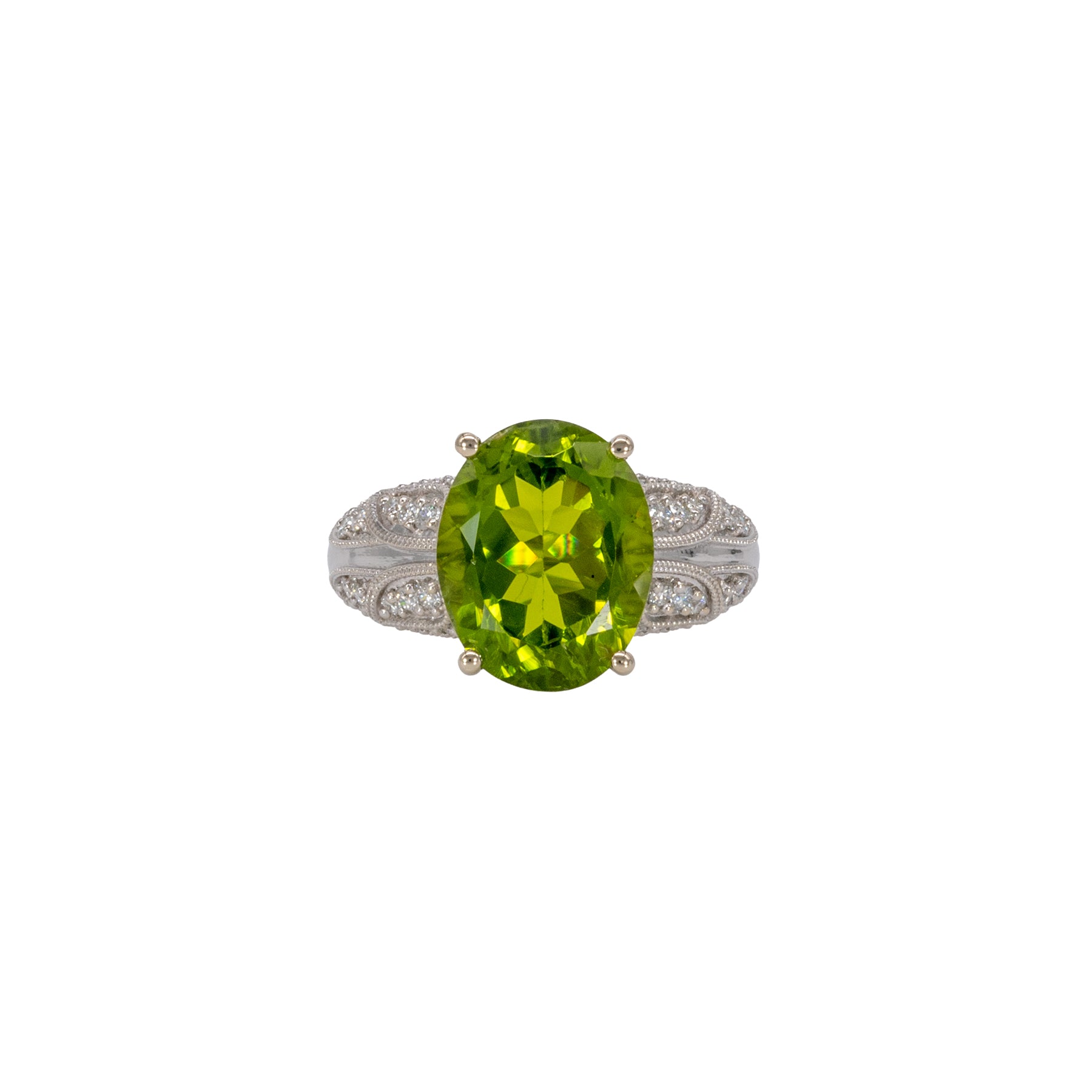14K white gold peridot oval ring with diamond halo