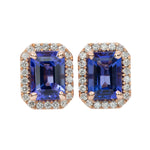 Tanzanite Stud Earrings in 14K Rose Gold | Diamond Accents | Emerald Cut | December Birthstone